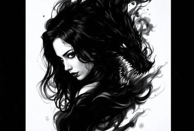 The primary subject of the image is a woman with long black hair. She is posing in front of a black and white background, which adds a dramatic effect to the scene. The visual style of the image is a combination of digital art and illustration, creating a unique and captivating portrait. The woman's hair is the main focus of the image, and the overall atmosphere is dark and mysterious, with the woman's eyes seemingly staring into the viewer's soul.